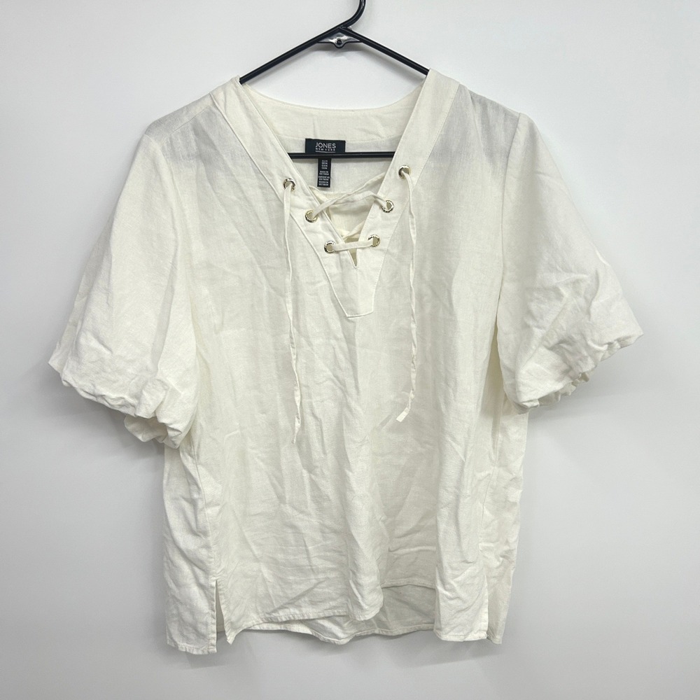 Linen Blend Peasant Lace Up Blouse Puff Sleeve White Medium Boho Coastal
